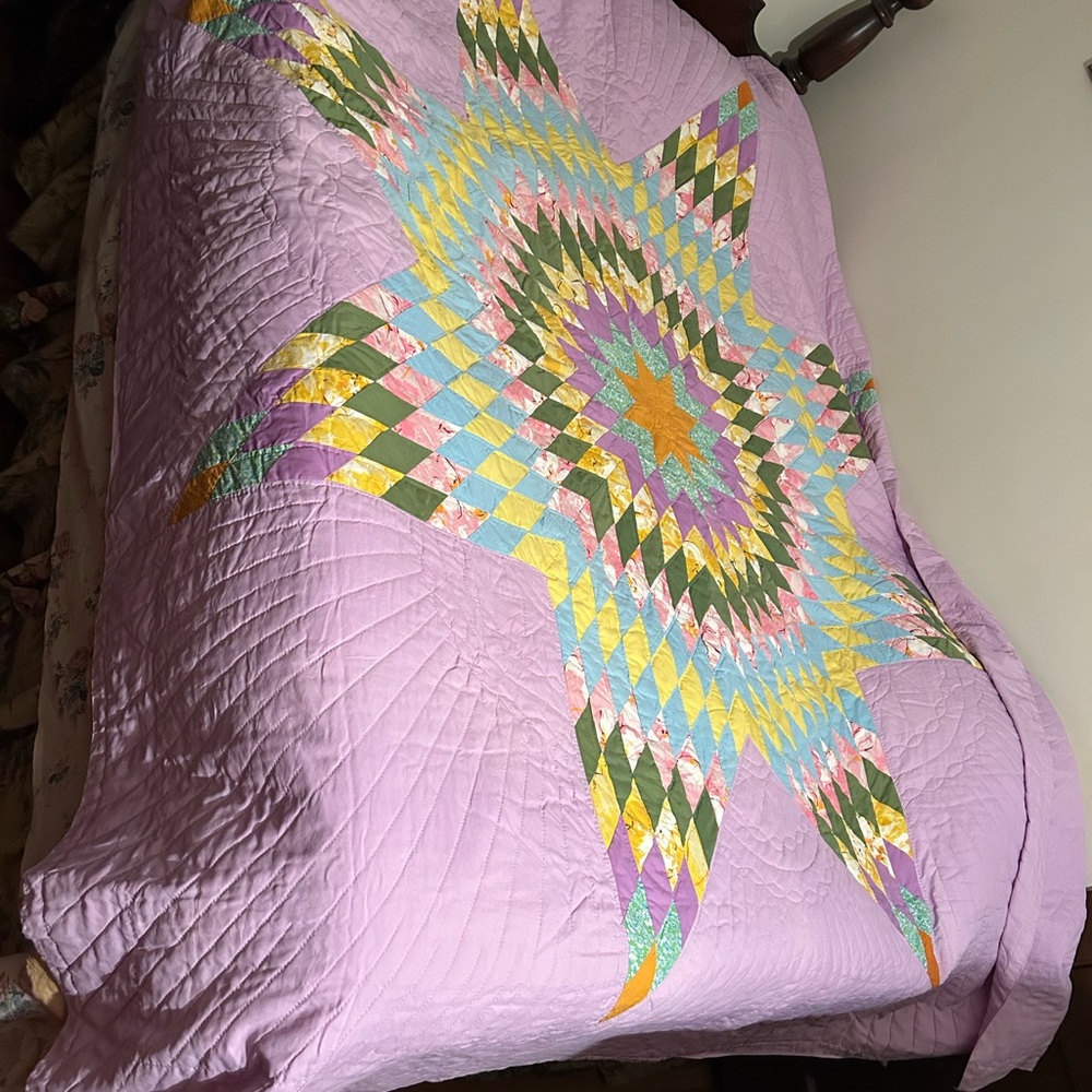 Vintage Homemade Patchwork Hand Lavender Star Quilt with Multicolor, Queen